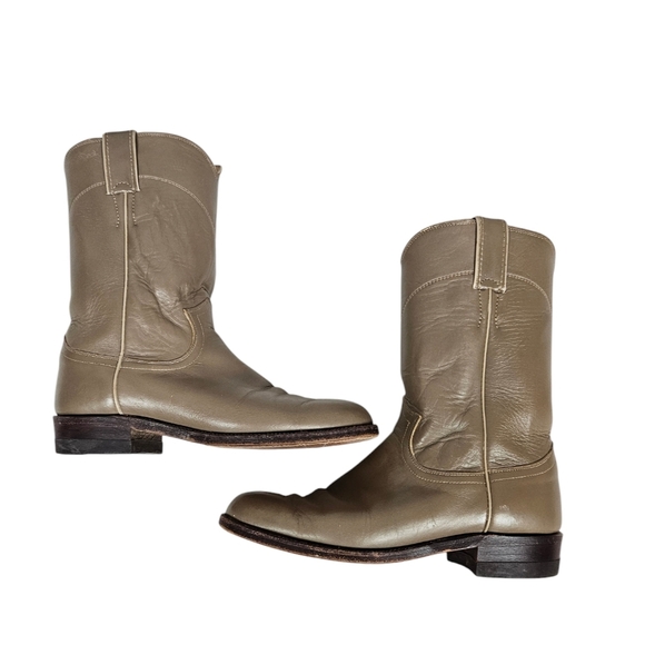 Vintage 70s Justin Boots Taupe Leather Mid Calf Western Cowgirl Boots Size 7B - Picture 8 of 14